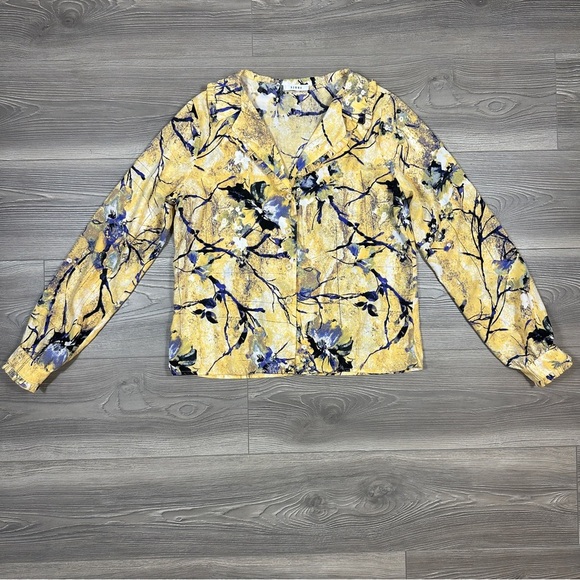 Sioni Yellow Floral Long Sleeve Blouse Painterly Print Button Down Top M - Picture 1 of 3